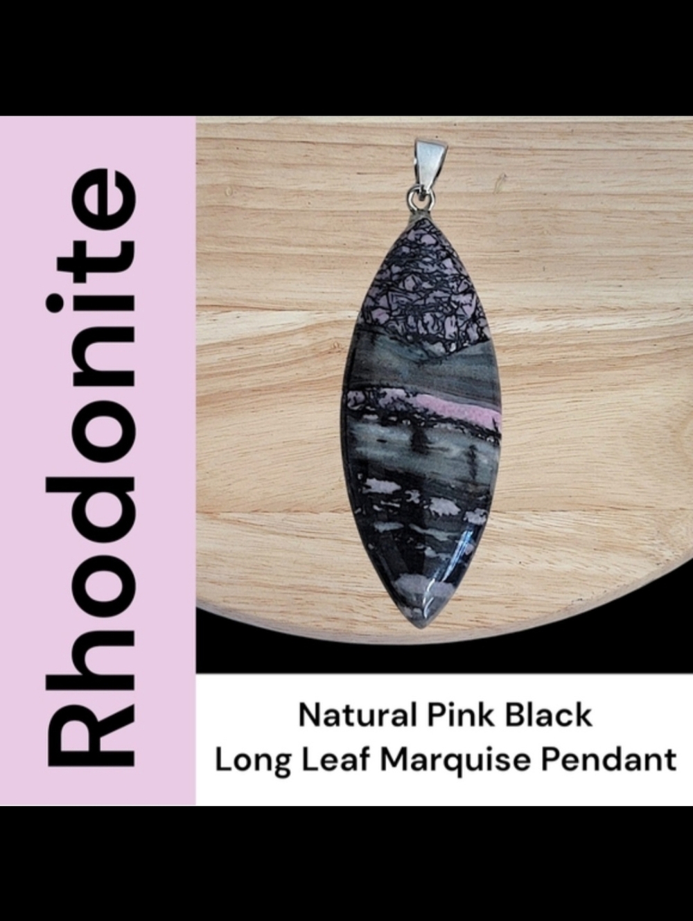 Hand Crafted Rhodonite Marquise Pendant Long Leaf Black And Pink